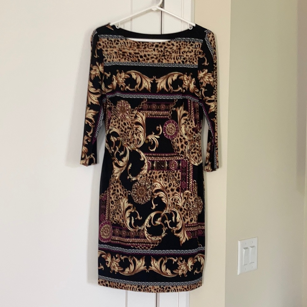 Cache dress. Size 10. Metallic accents, 34”L. Flattering darts, good stretch.